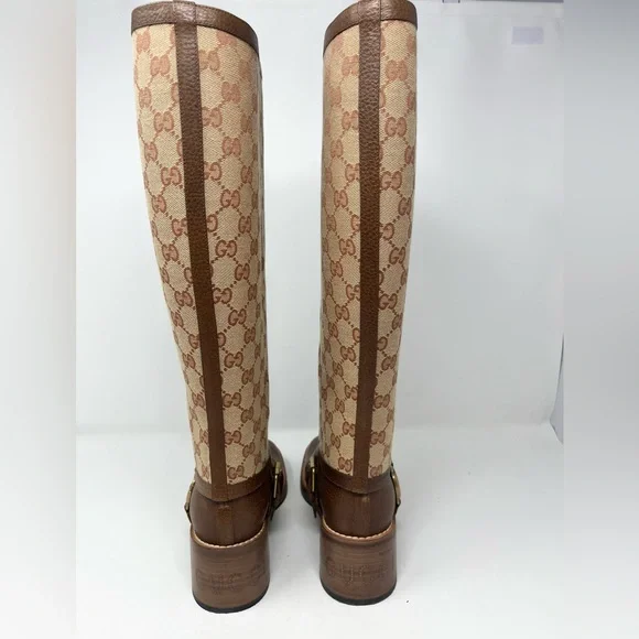 Gucci Lola GG Riding Boots Brown Knee High Supreme Block Heel EU 37.5 US 7.5 - Picture 3 of 9